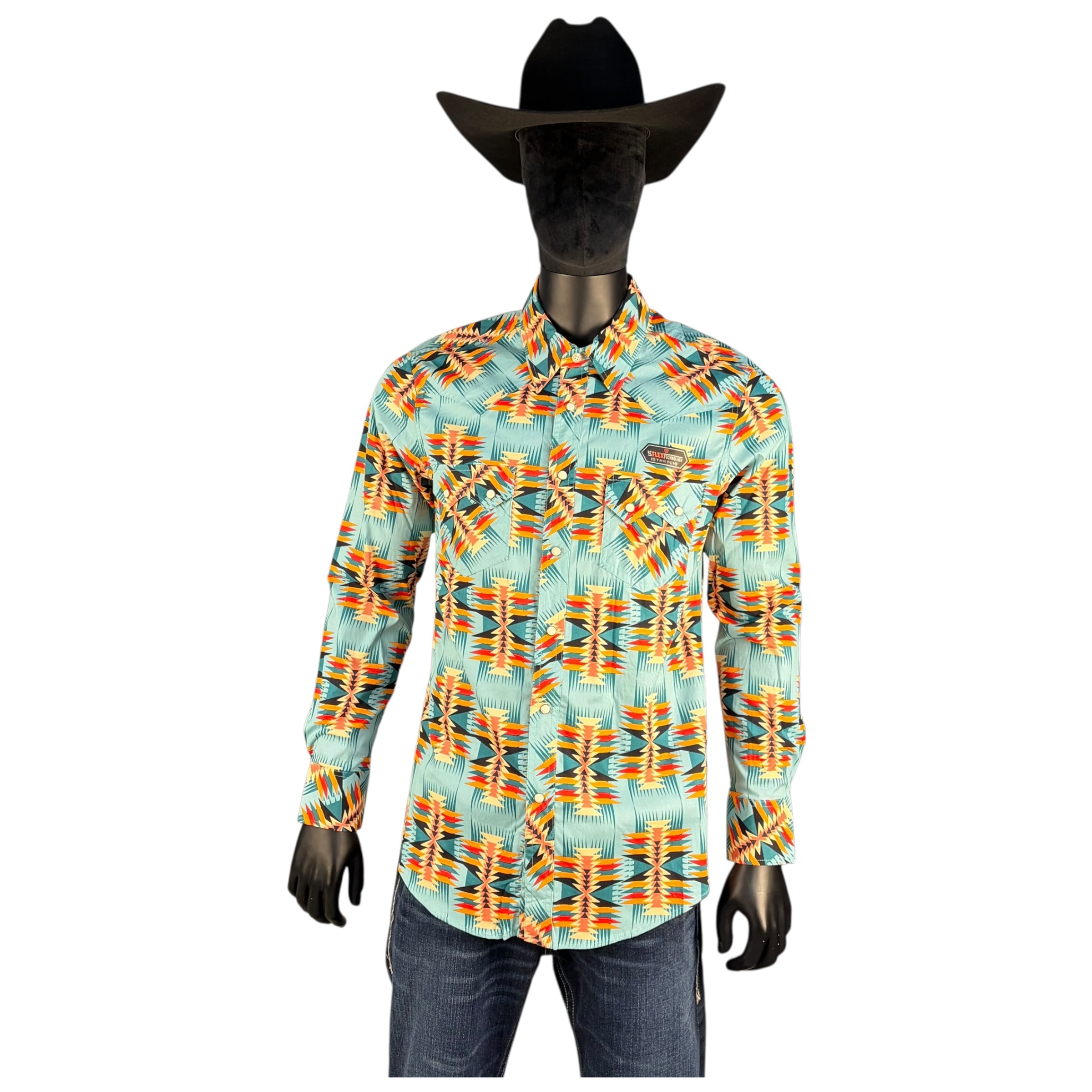 Men’s Rock & Roll Turquoise Thunderbird Pattern Long Sleeve Western Shirt