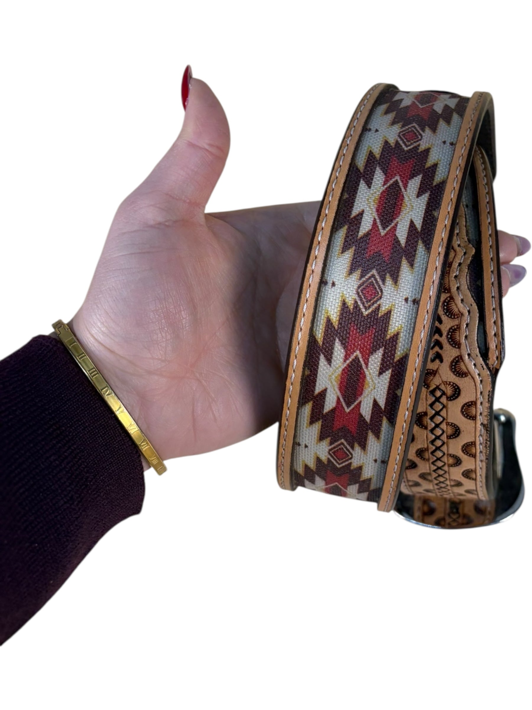Southwestern Inlay Western Leather Belt – Tan with Burgundy & Cream Pattern