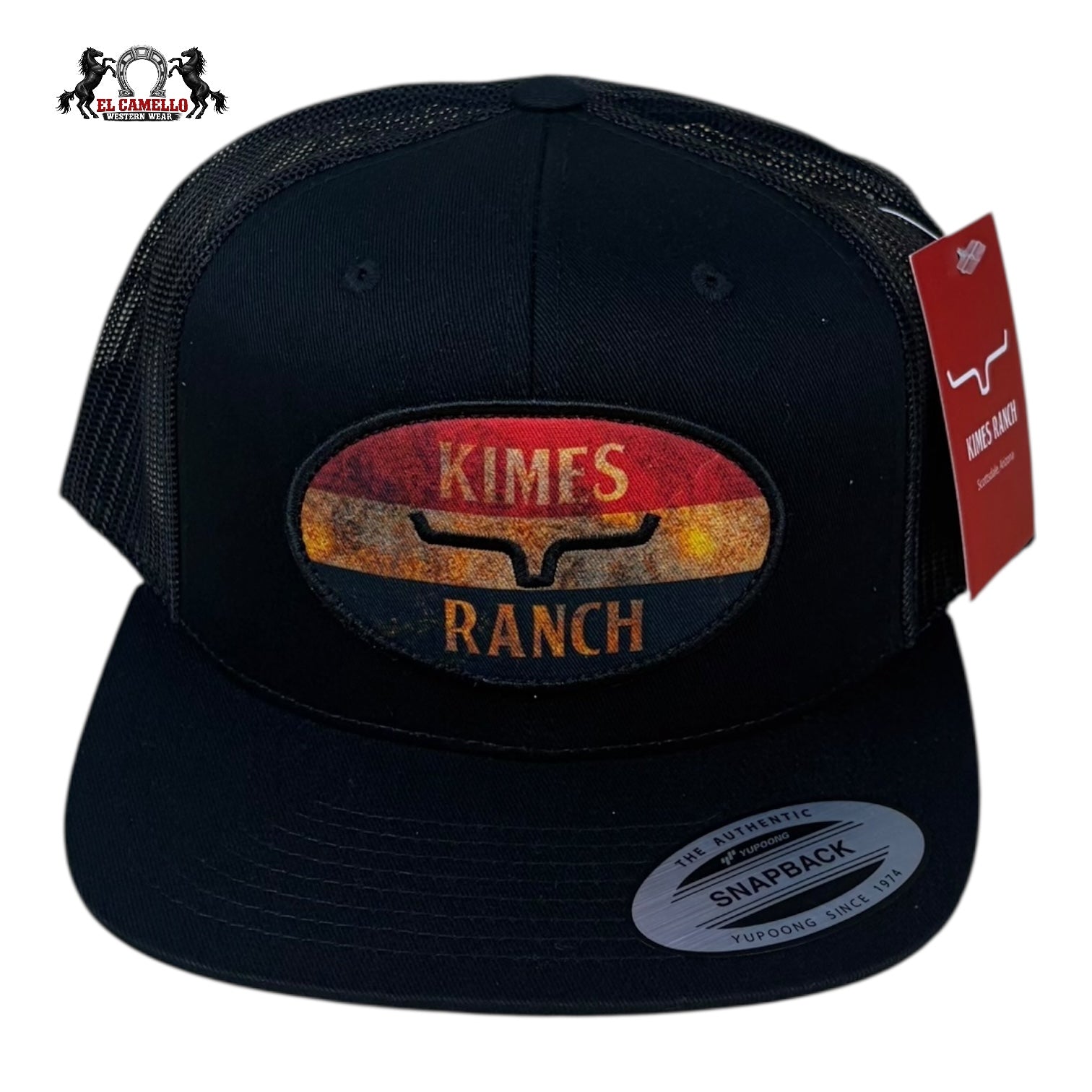 Kimes Ranch Black Trucker Snapback Hat with Sunset Patch