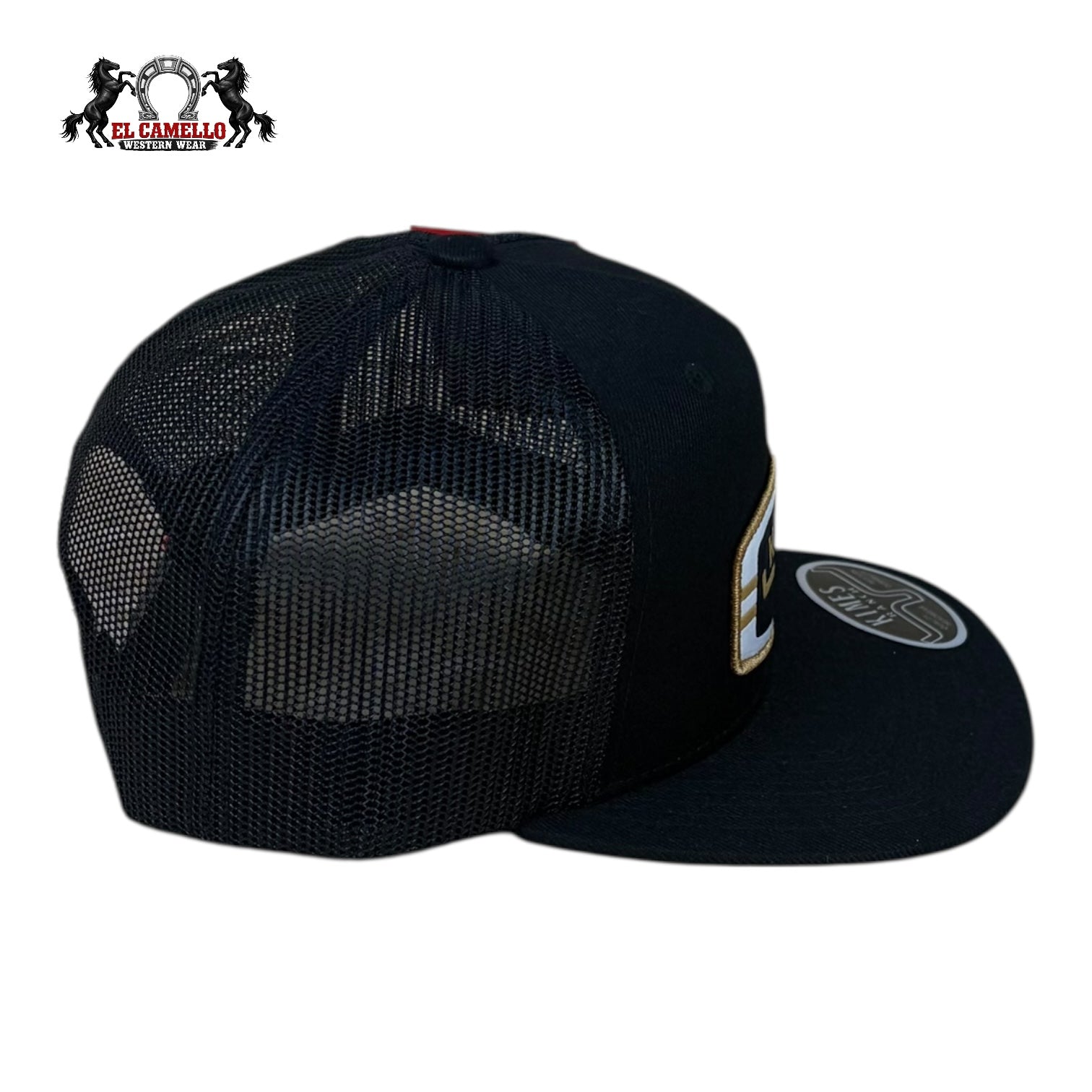 Kimes Ranch Black Trucker Snapback Hat with Gold Shield Patch