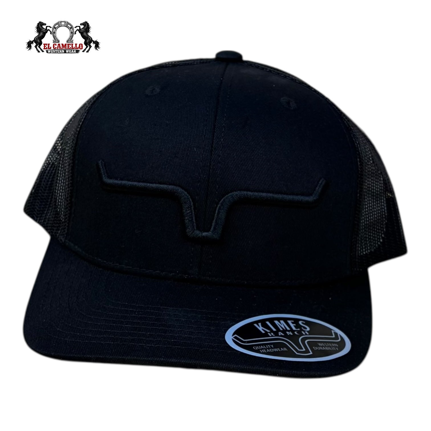 Kimes Ranch All-Black Trucker Hat with Tonal Horns Logo – Snapback Cap
