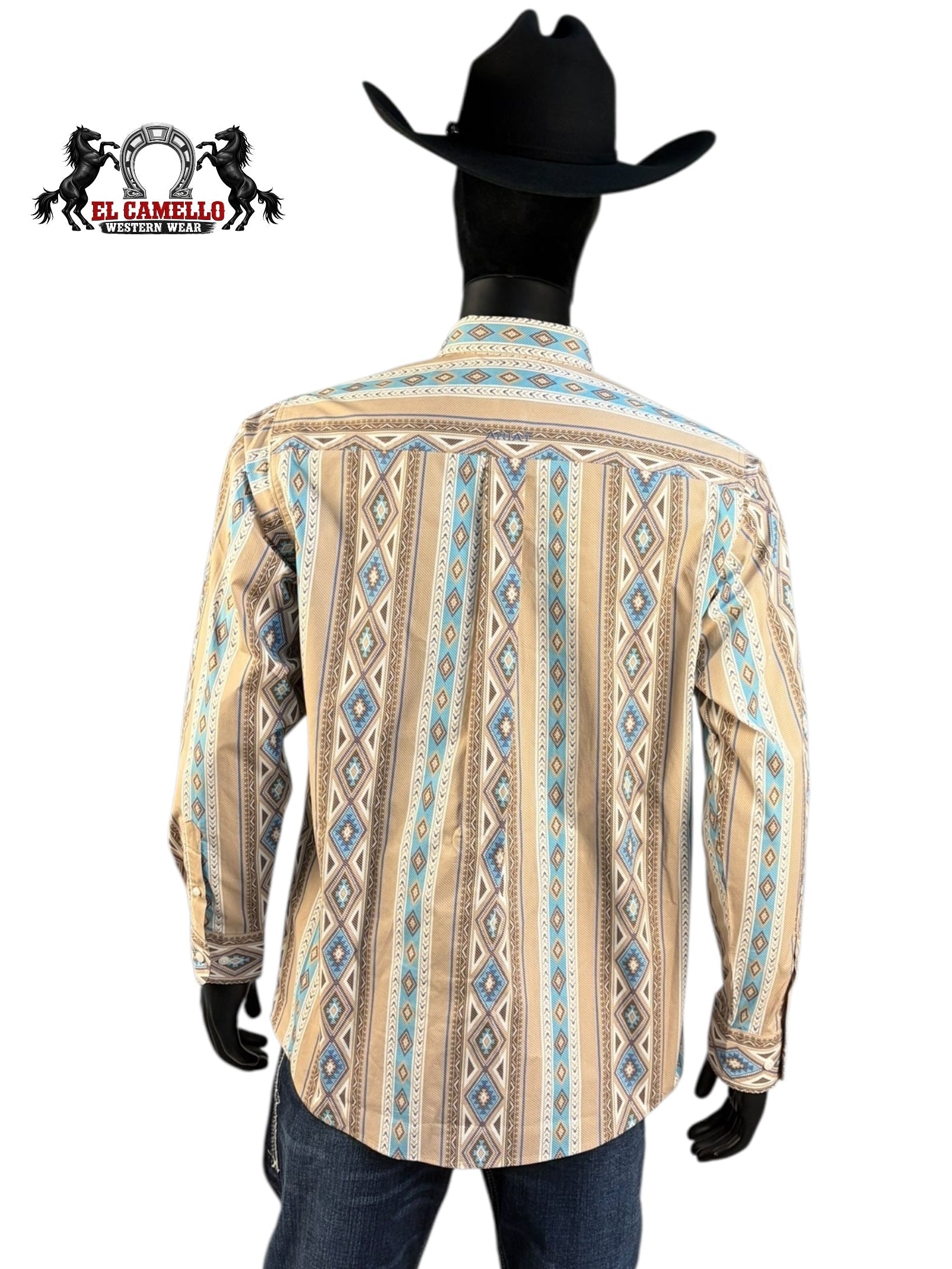 Ariat Men’s Tan & Turquoise Aztec Print Long Sleeve Button-Down Western Shirt 10071714