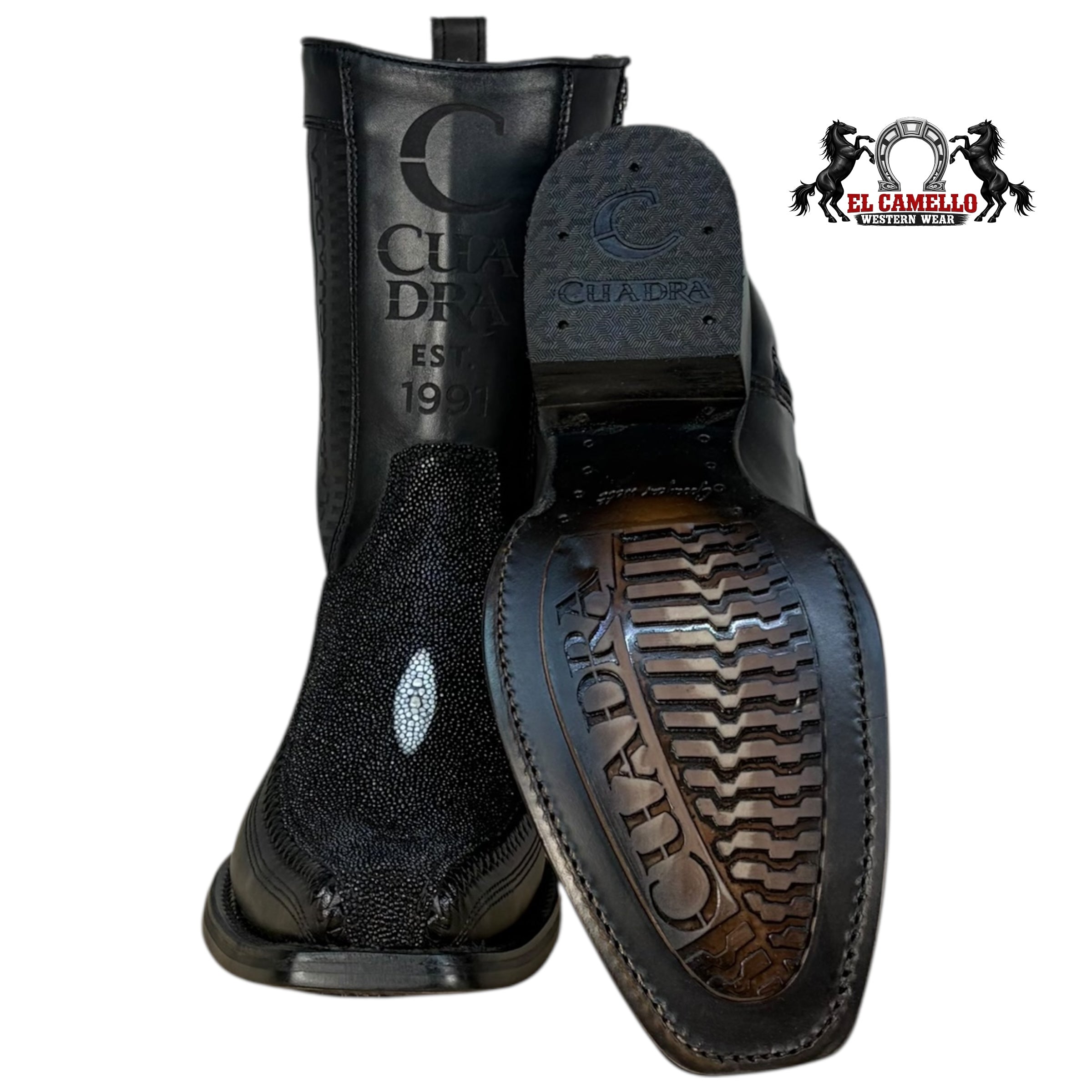 Cuadra Men’s Black Stingray & Leather Ankle Boots – Square Toe, Side Zip, Hybrid Sole CU783