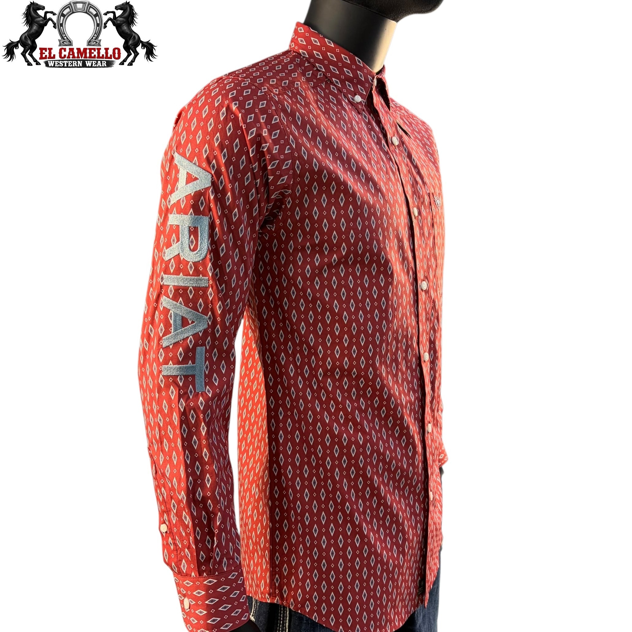 Ariat Men’s Red Geometric Print Logo Sleeve Button-Down Western Shirt 10071758