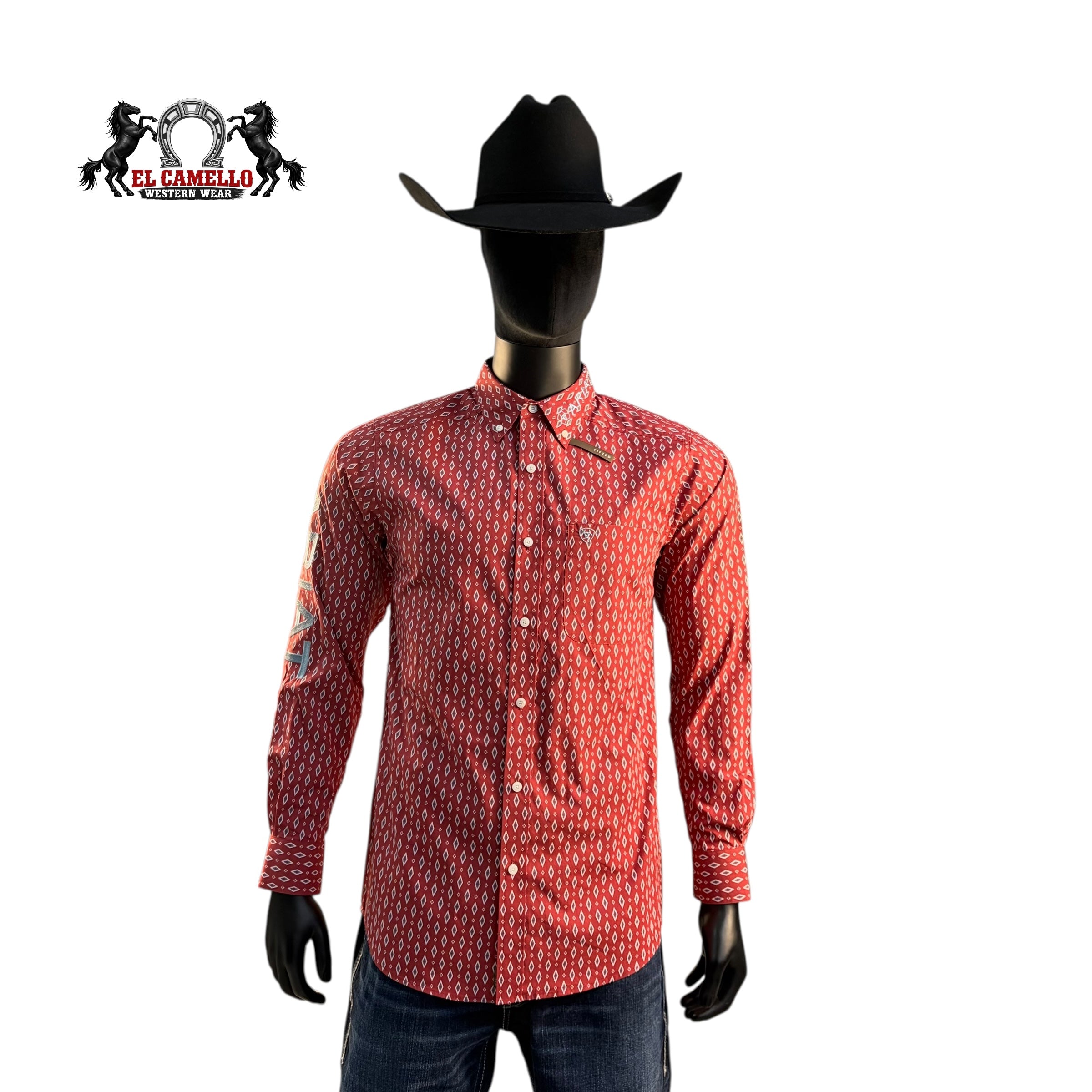 Ariat Men’s Red Geometric Print Logo Sleeve Button-Down Western Shirt 10071758