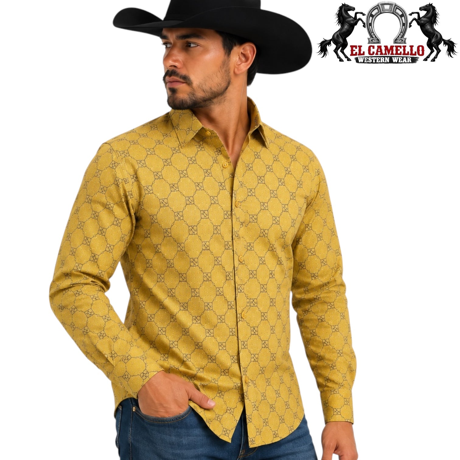 CHUXX Men’s Gold Geometric Print Long Sleeve Dress Shirt Fl-3426