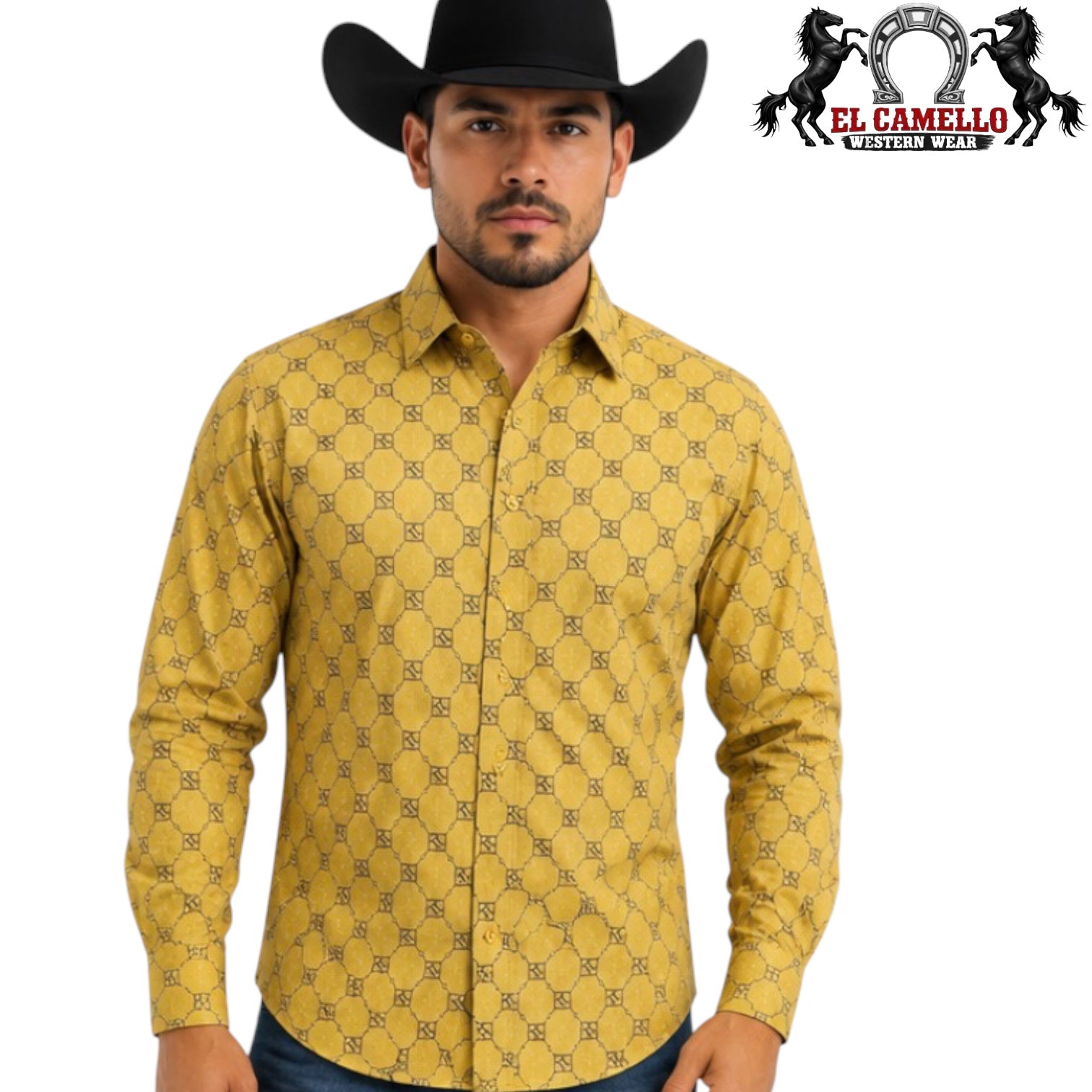CHUXX Men’s Gold Geometric Print Long Sleeve Dress Shirt Fl-3426