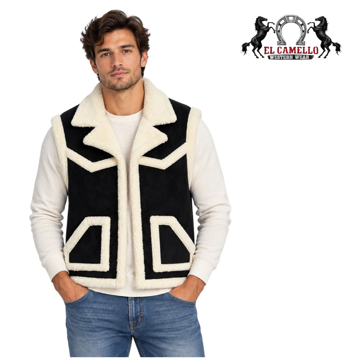 Men’s Black and Cream Sherpa-Lined Western Vest American West