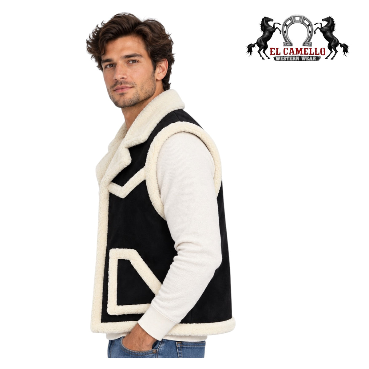 Men’s Black and Cream Sherpa-Lined Western Vest American West