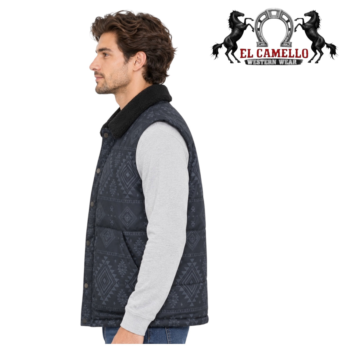 Lamasini Men’s Charcoal Black Aztec Print Sherpa Collar Quilted Western Vest