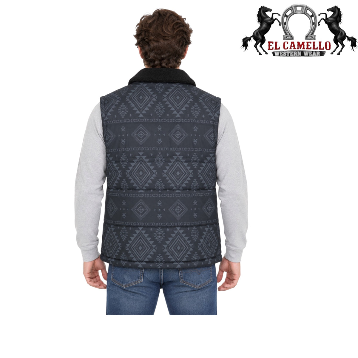 Lamasini Men’s Charcoal Black Aztec Print Sherpa Collar Quilted Western Vest