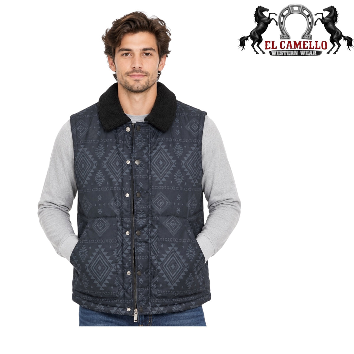 Lamasini Men’s Charcoal Black Aztec Print Sherpa Collar Quilted Western Vest