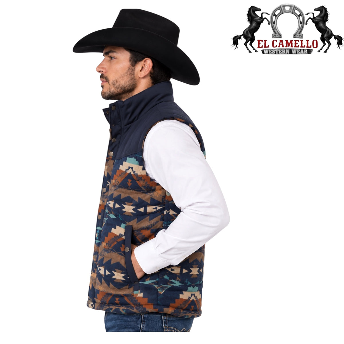 LAM600  Lamasini Men’s Navy Blue and Turquoise Aztec Print Western Vest.