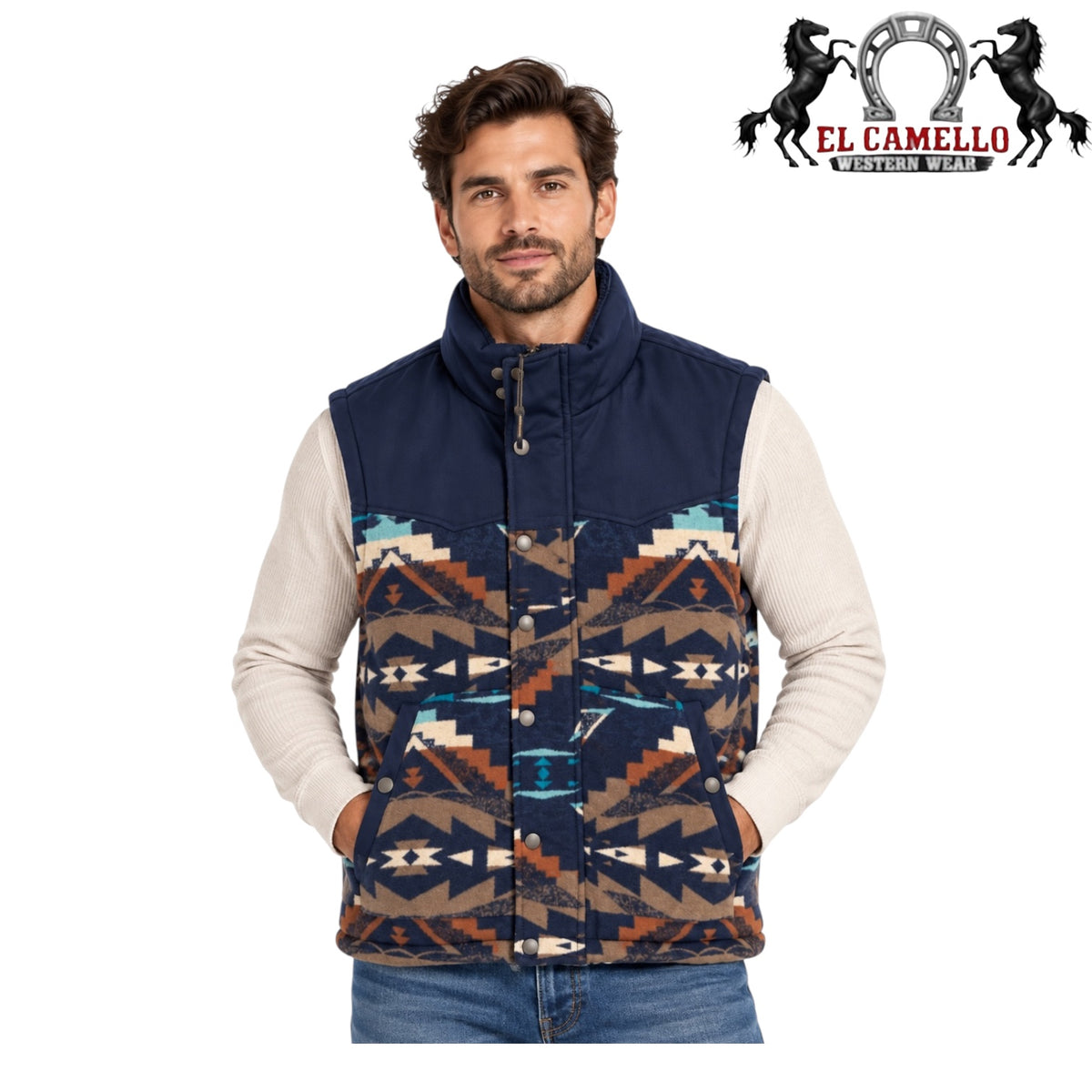 LAM600  Lamasini Men’s Navy Blue and Turquoise Aztec Print Western Vest.