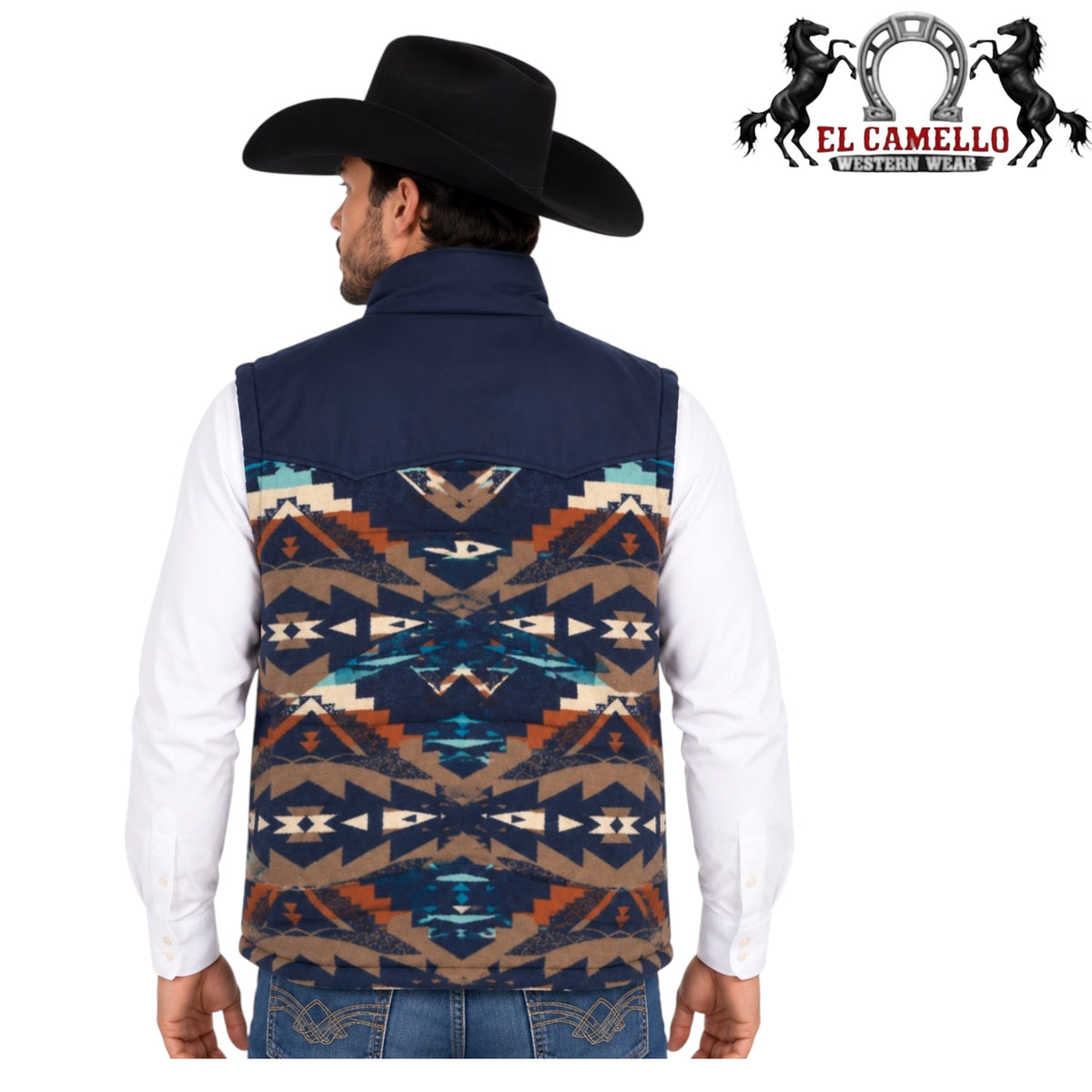 LAM600  Lamasini Men’s Navy Blue and Turquoise Aztec Print Western Vest.
