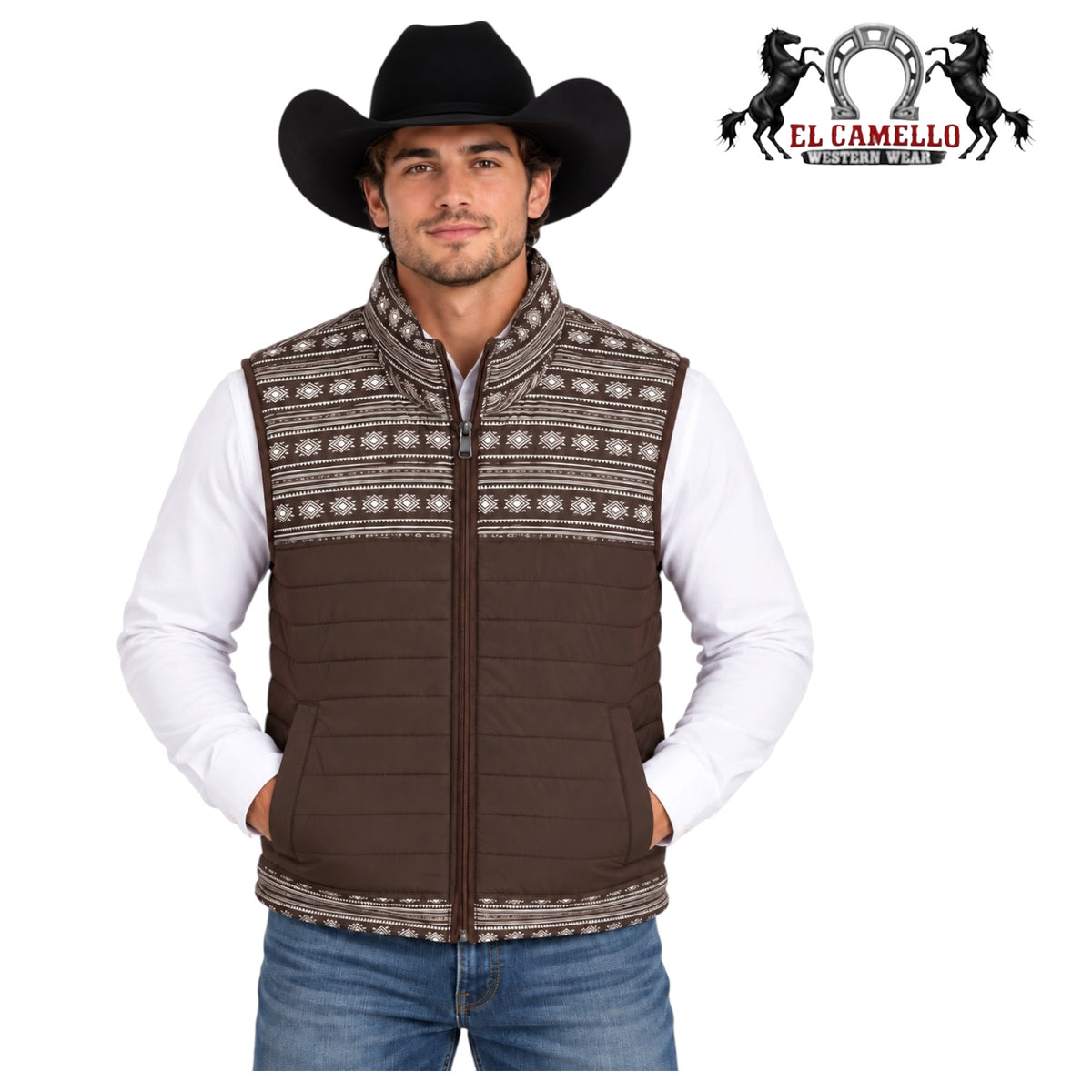 Lamasini Men’s Brown Quilted Southwestern Print Vest LAM6003
