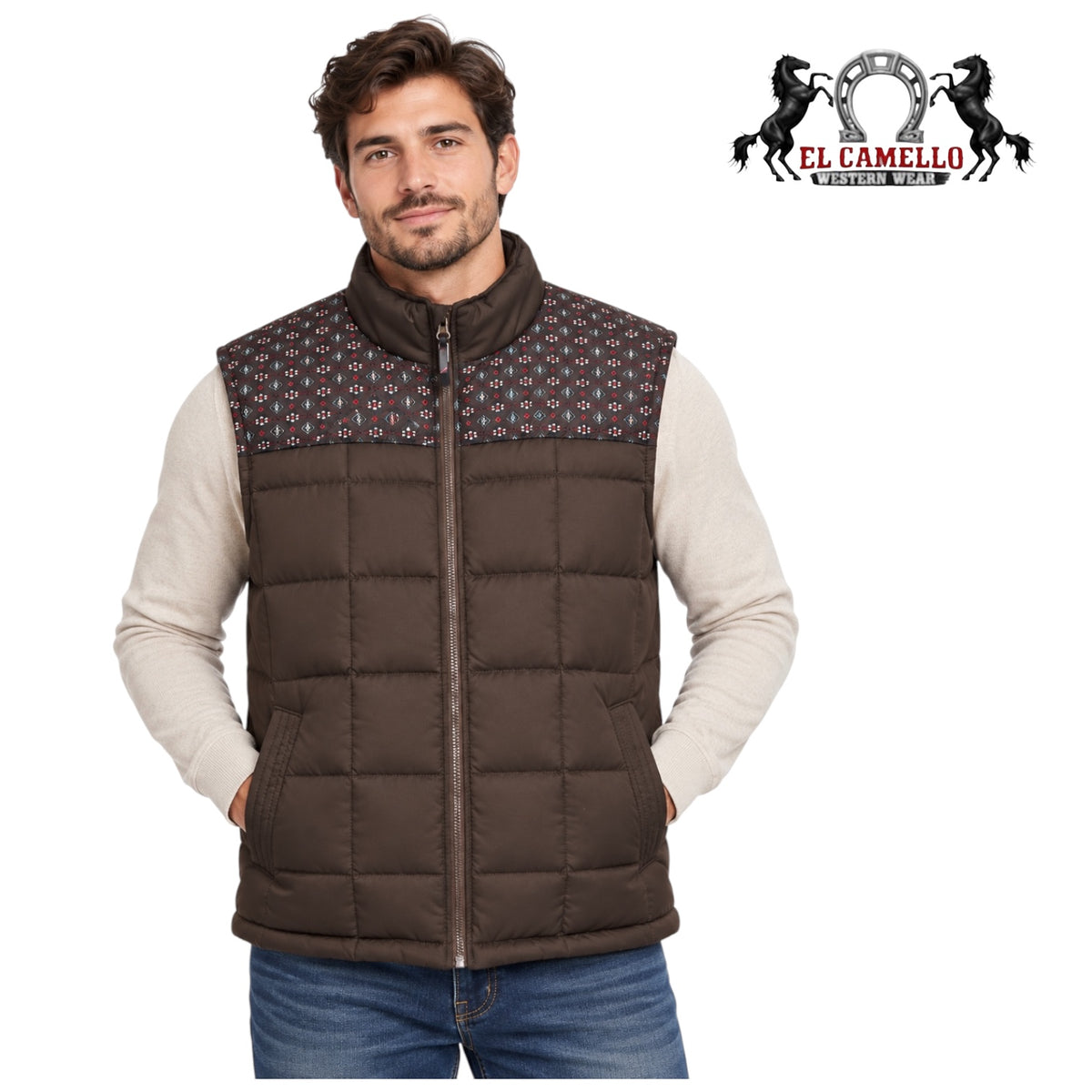Montero Men’s Dark Brown Geometric Print Quilted Western Vest MT10005