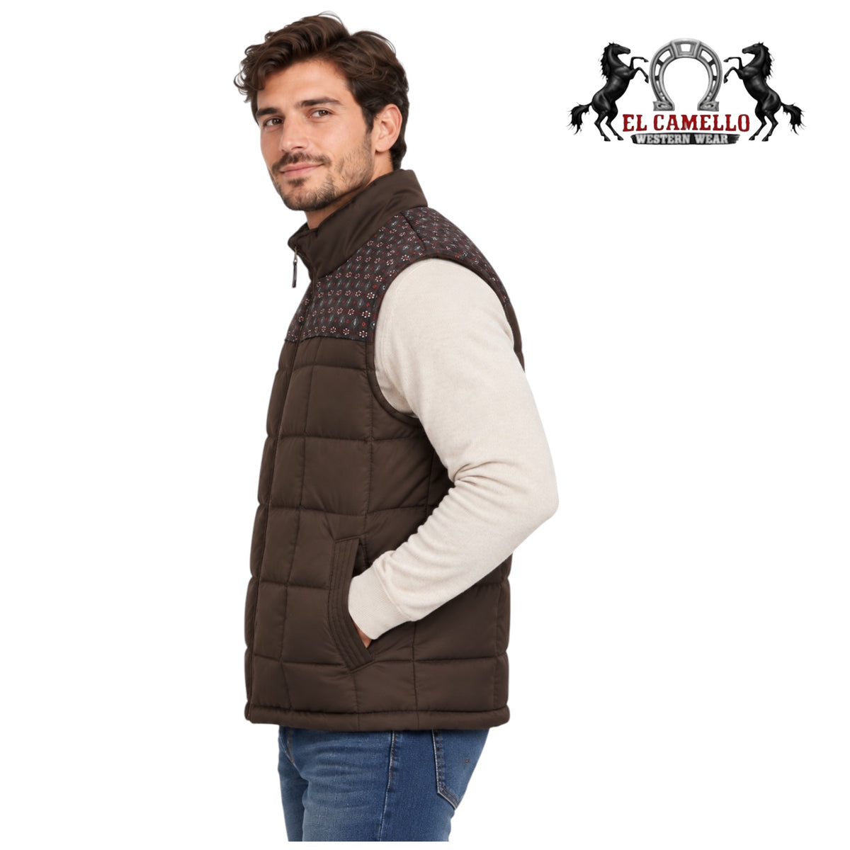 Montero Men’s Dark Brown Geometric Print Quilted Western Vest MT10005