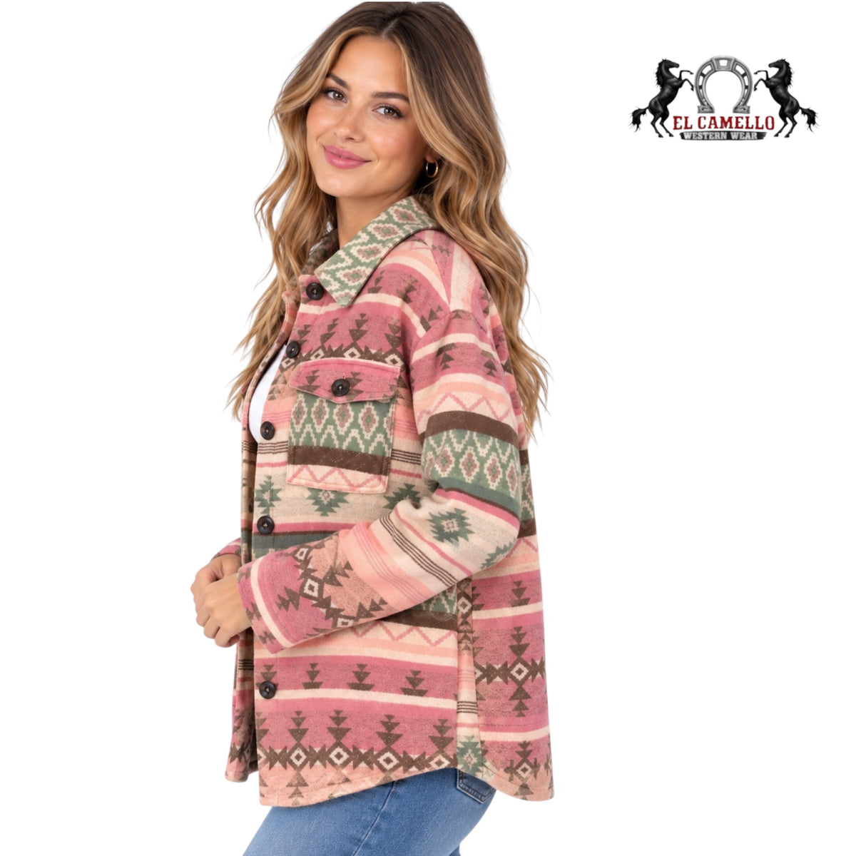 ROCK&ROLL Women’s Pink and Sage Green Aztec Print Western Shacket