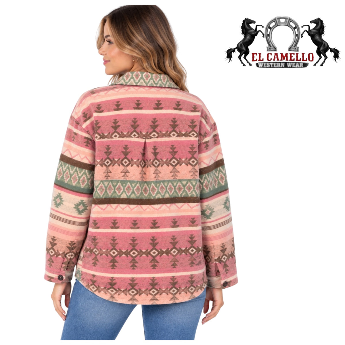 ROCK&ROLL Women’s Pink and Sage Green Aztec Print Western Shacket