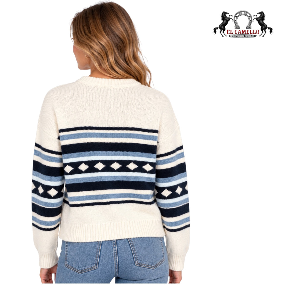 CINCH Women’s Cream and Blue Aztec Print Zip-Up Western Sweater