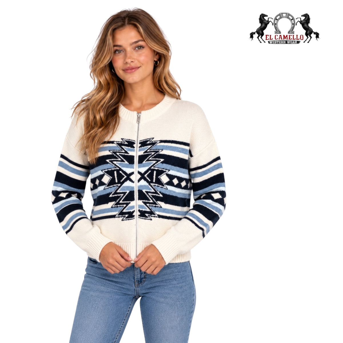 CINCH Women’s Cream and Blue Aztec Print Zip-Up Western Sweater