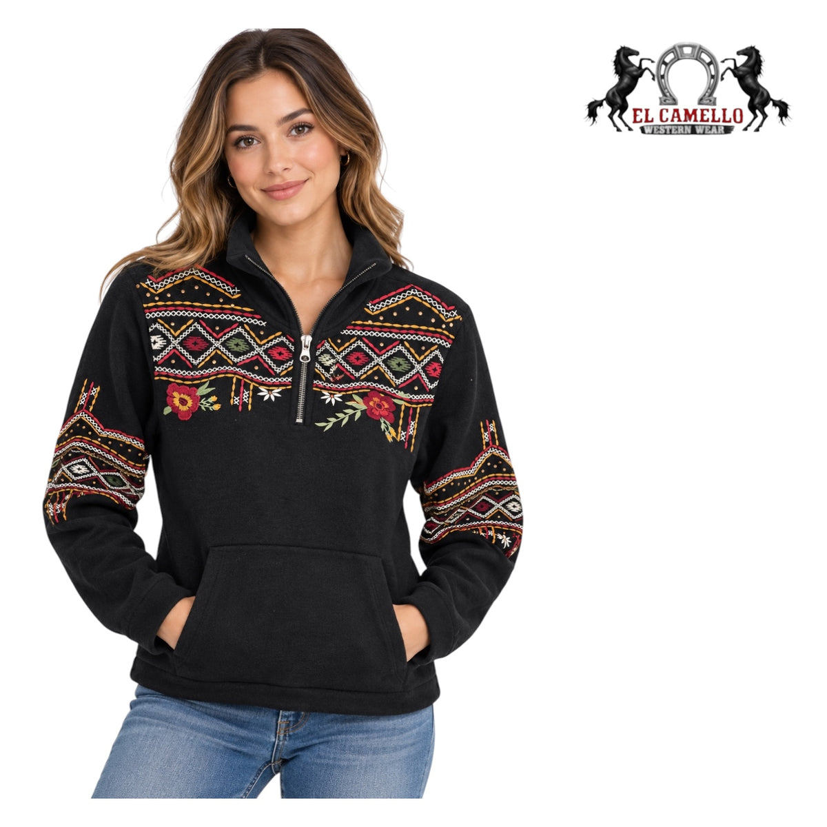 Rock&Roll Women’s Black Aztec Embroidered Floral Quarter-Zip Western Pullover