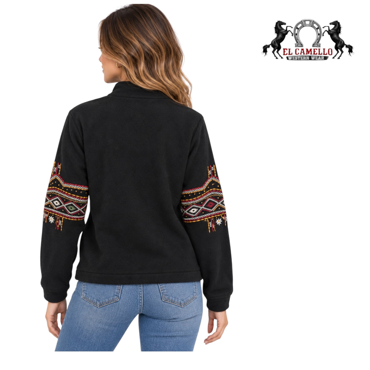 Rock&Roll Women’s Black Aztec Embroidered Floral Quarter-Zip Western Pullover