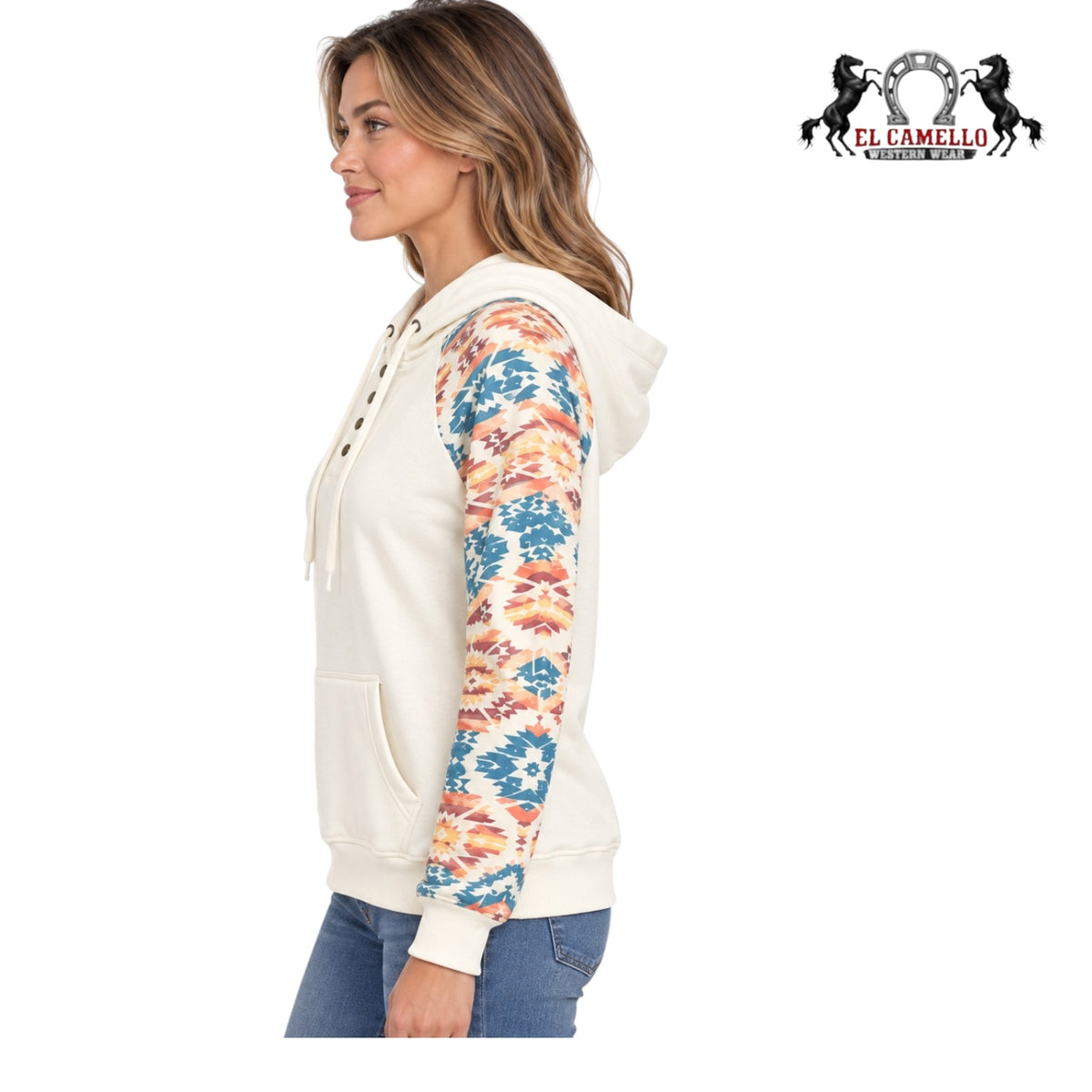 Women’s Cream Multicolor Aztec Print Western Hoodie