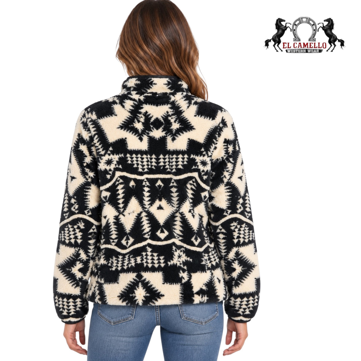 ARIAT Women’s Black and Cream Aztec Print Sherpa Fleece Pullover