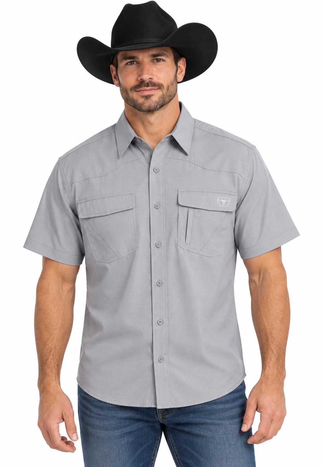 Men’s Light Gray Short-Sleeve Western Shirt – PGS8786