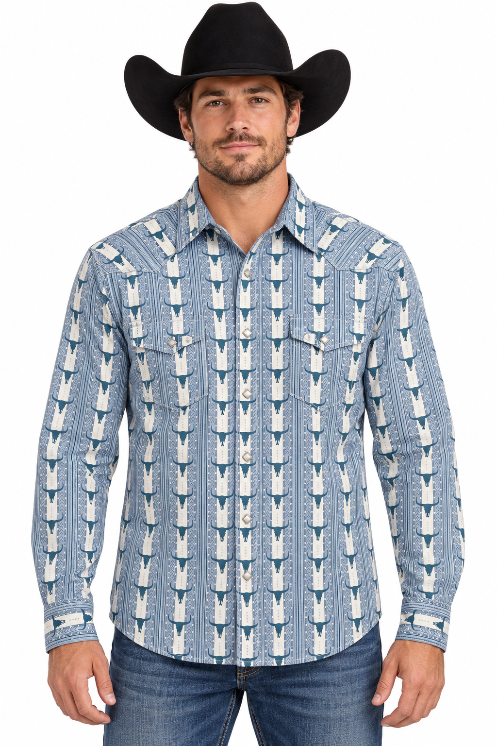 Platini Men’s Blue Longhorn Print Stretch Western Shirt WPL11074