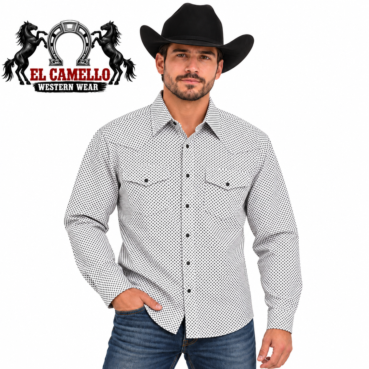 Men’s White and Black Geometric Print Long Sleeve Western Shirt SWP-175