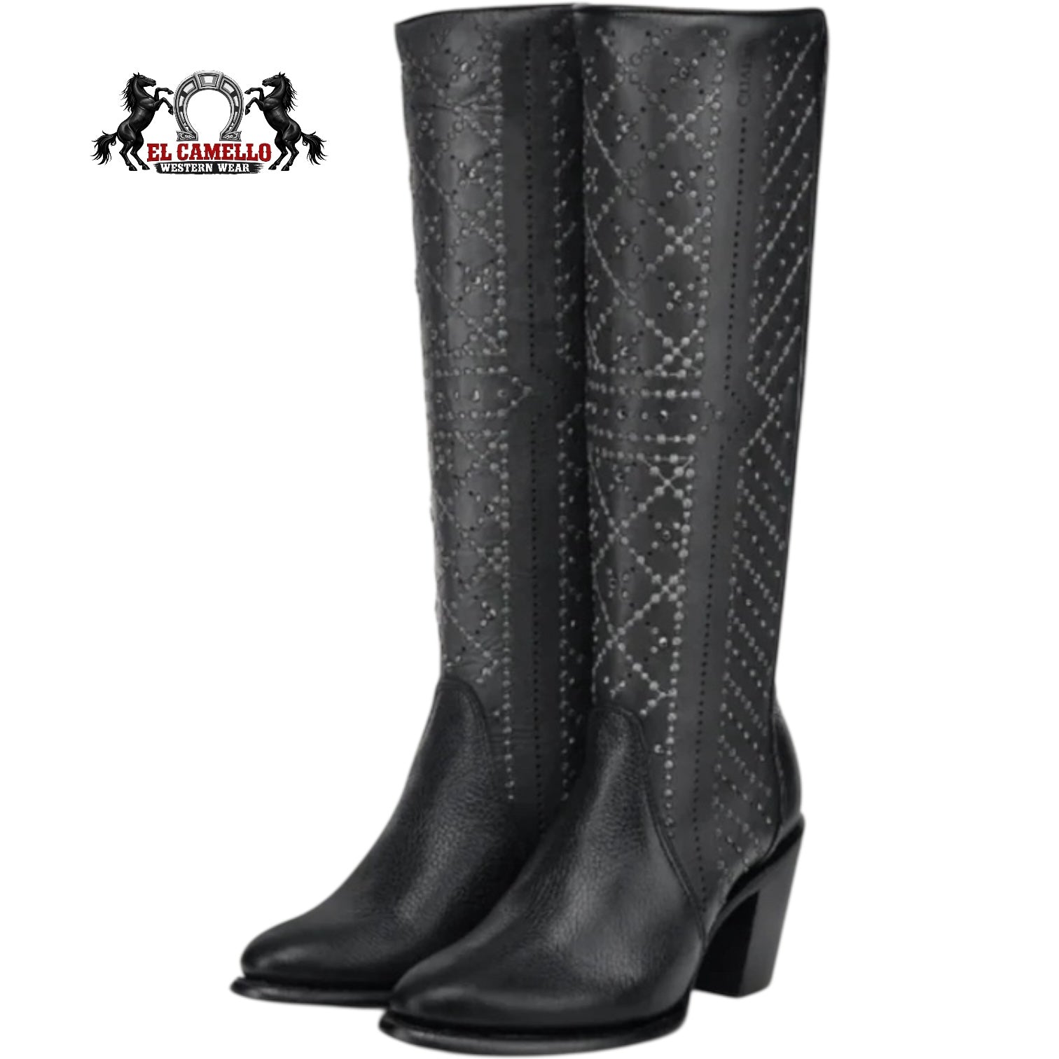 Cuadra Women’s Black Leather Tall Western Boots – Studded Design Cowboy Boots CC257