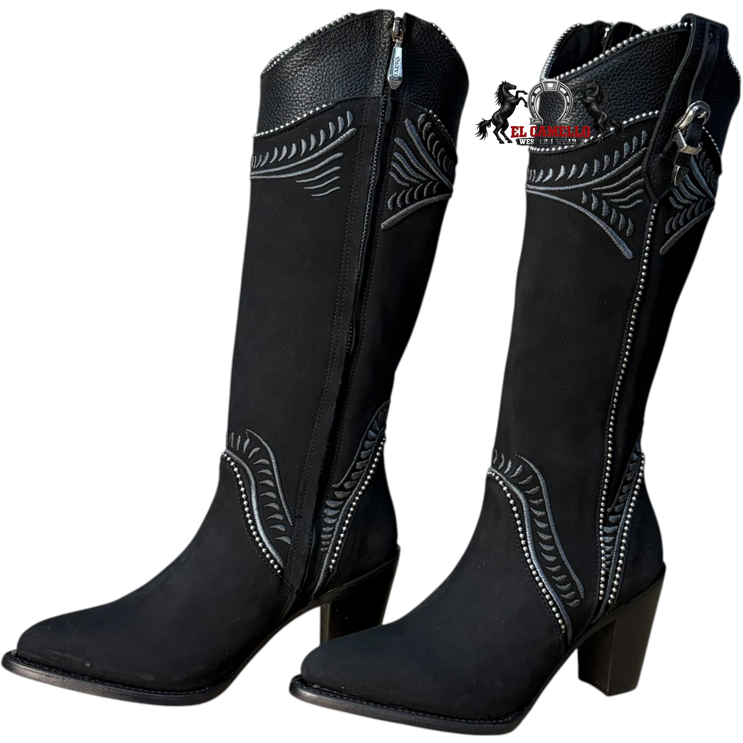 Cuadra Women’s Black Western Knee-High Boots with Embroidery & Stud Details  CU357