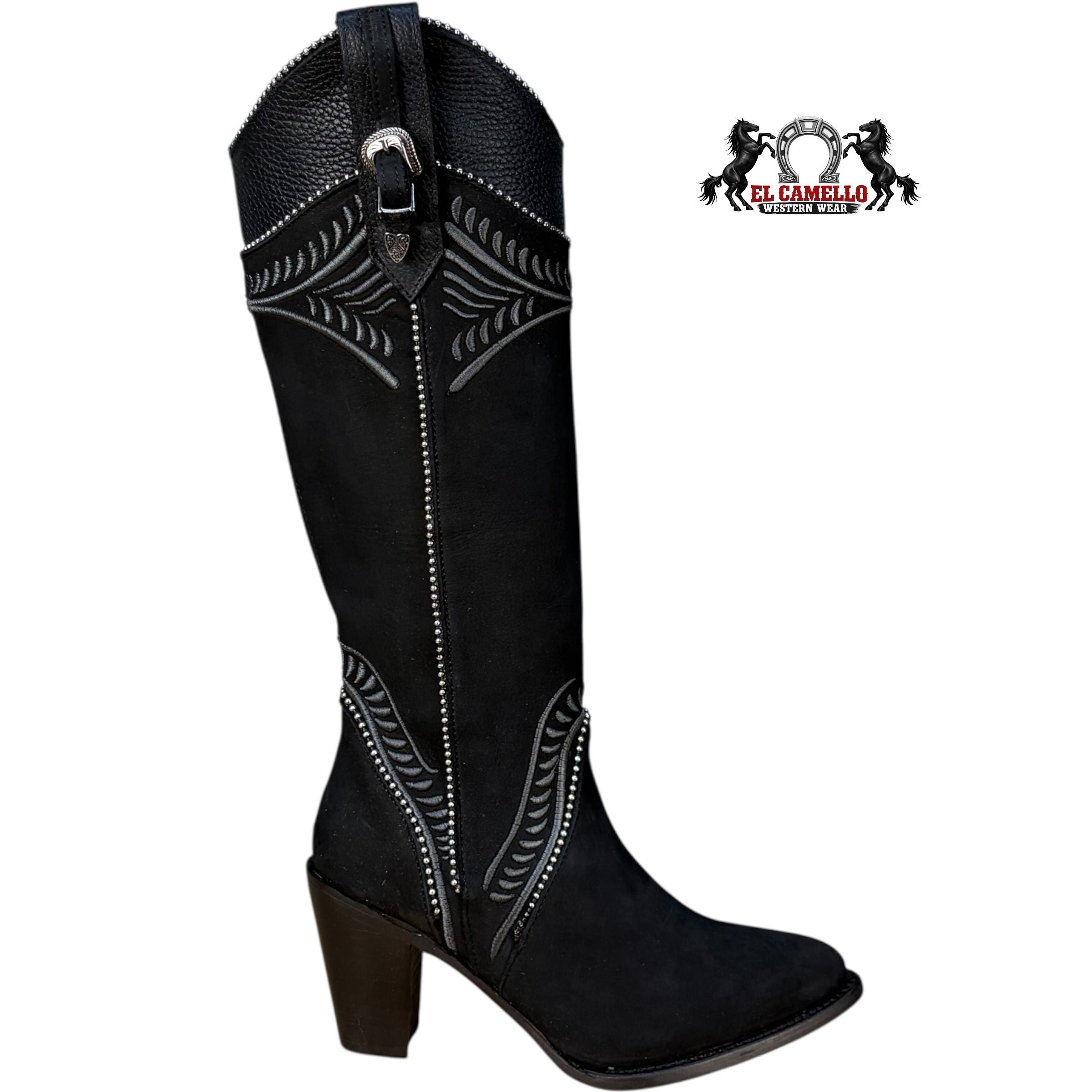 Cuadra Women’s Black Western Knee-High Boots with Embroidery & Stud Details  CU357