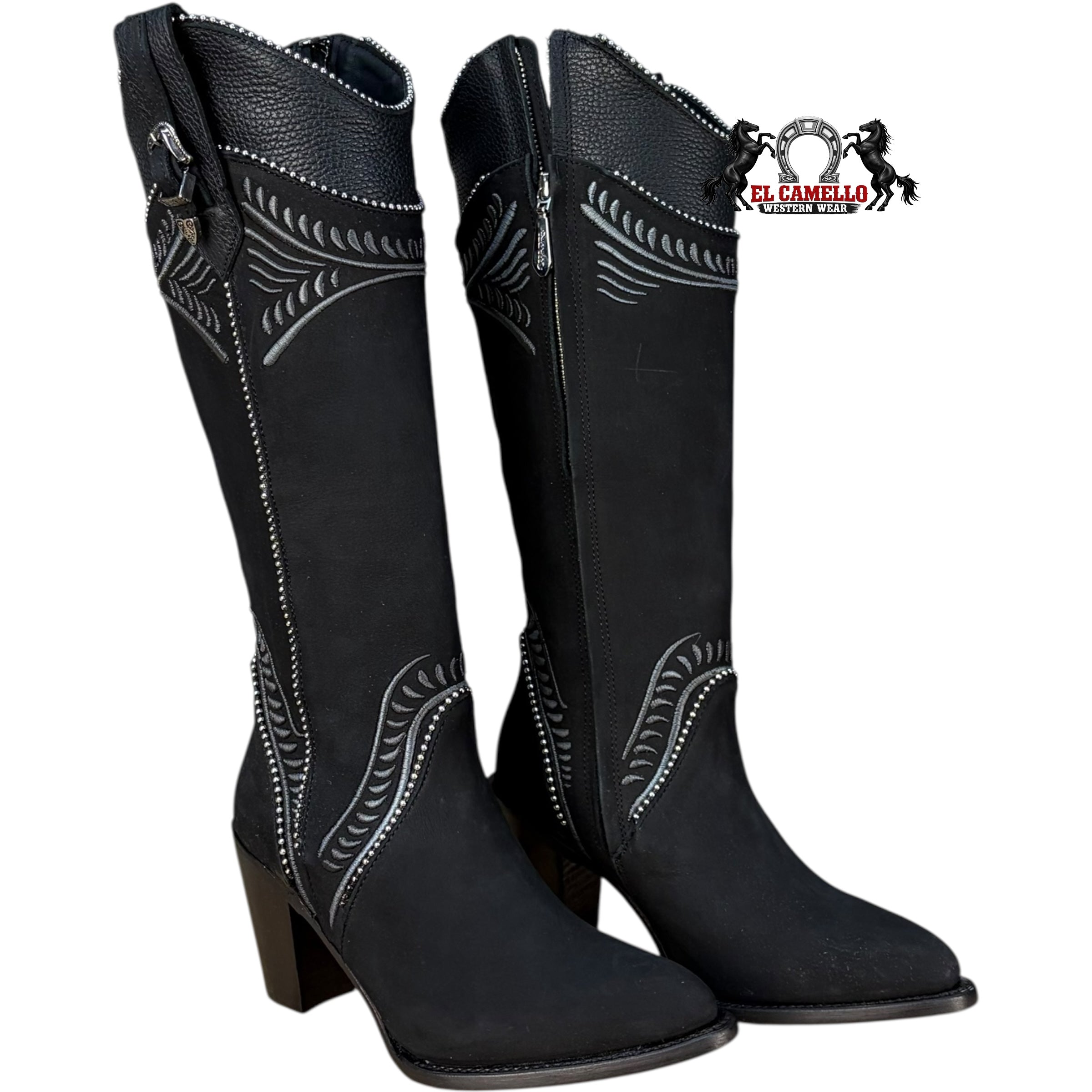 Cuadra Women’s Black Western Knee-High Boots with Embroidery & Stud Details  CU357