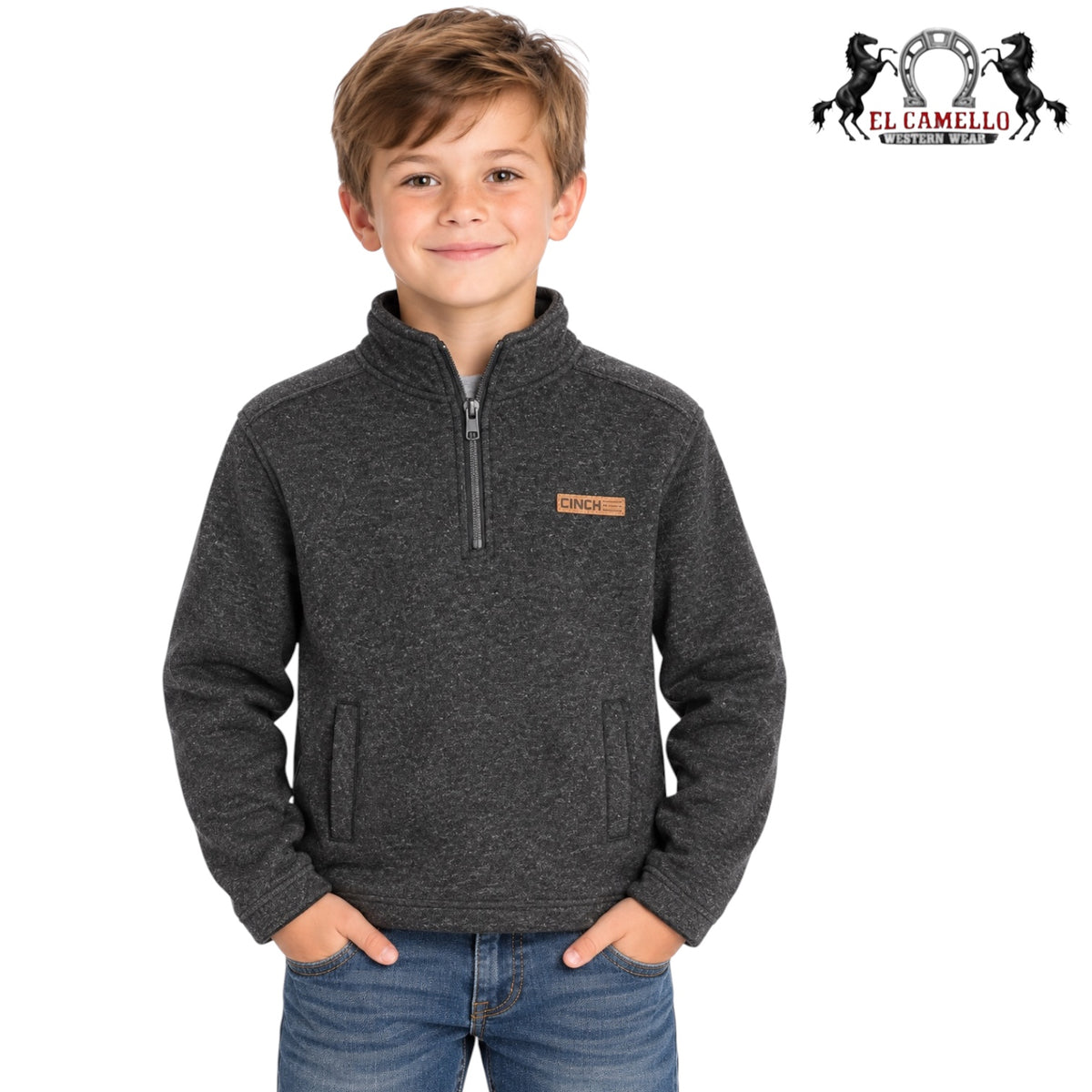 CINCH Boys’ Charcoal Heather Quarter-Zip Western Pullover