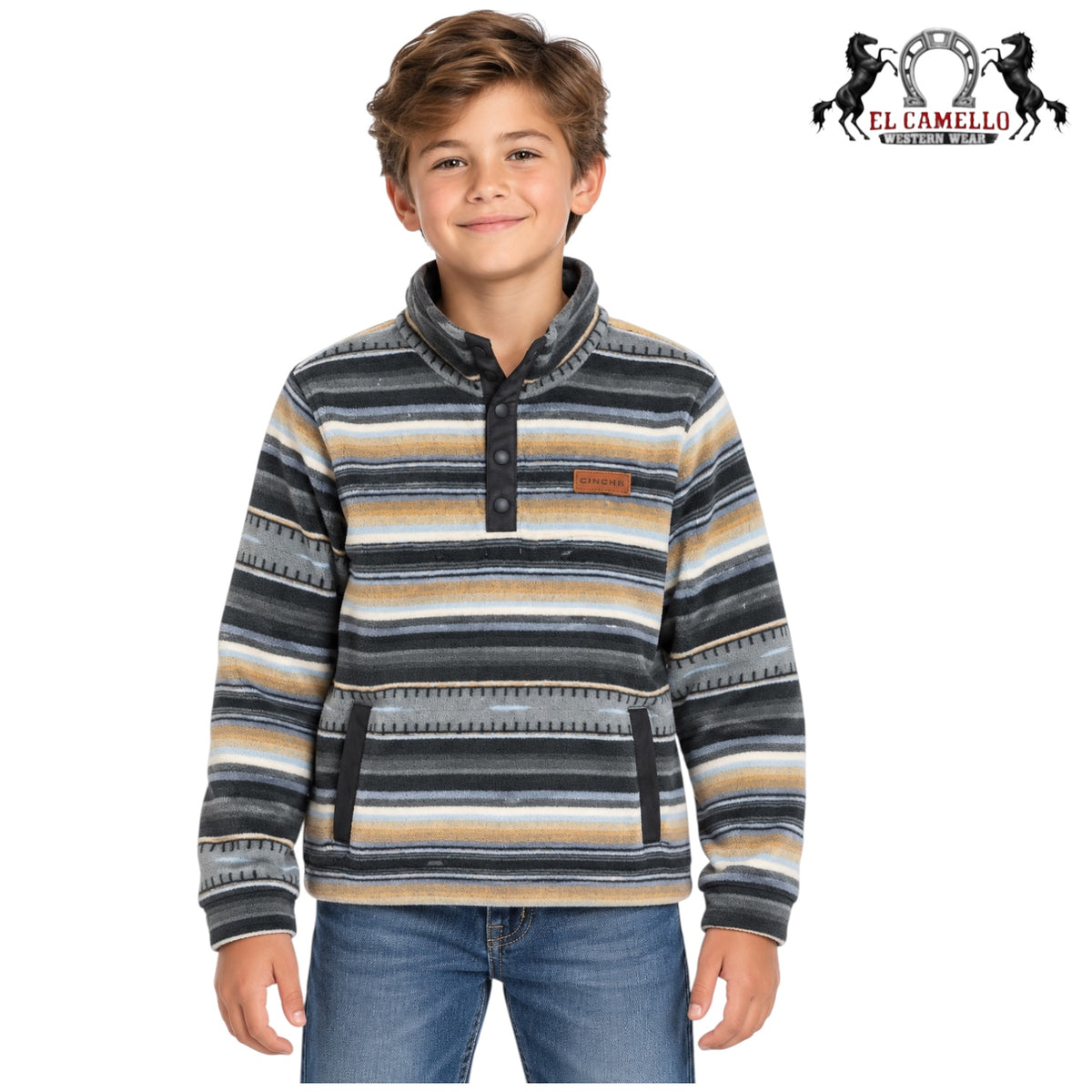 CINCH Boys’ Charcoal, Tan & Blue Striped Western Pullover