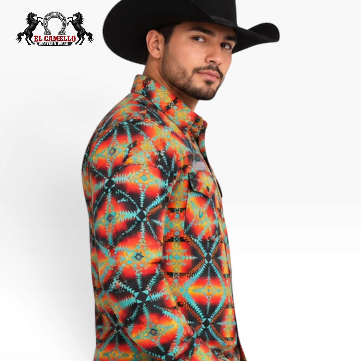 Rock & Roll Denim Men’s Orange Aztec Print Long Sleeve Western Snap Shirt – BMN2S04738
