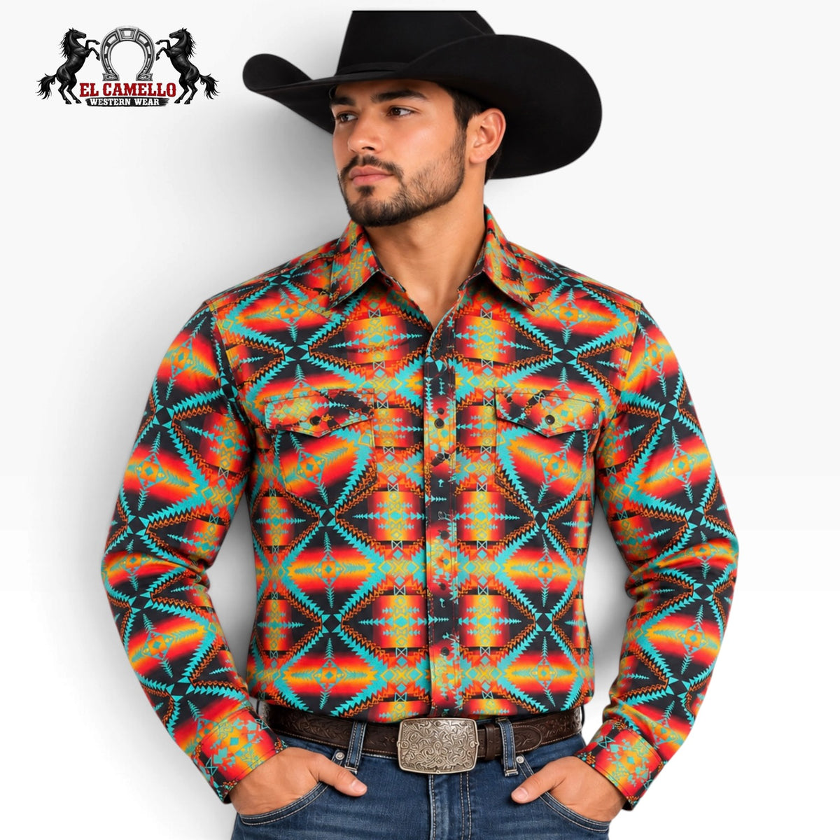 Rock & Roll Denim Men’s Orange Aztec Print Long Sleeve Western Snap Shirt – BMN2S04738
