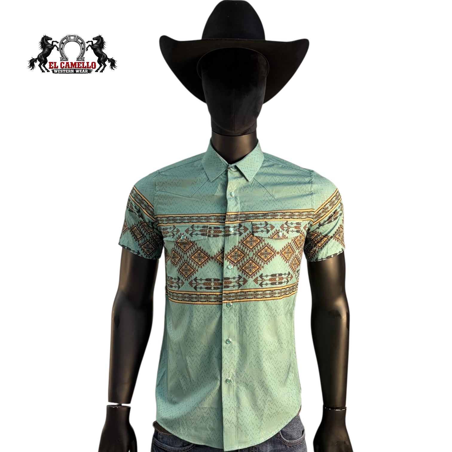 Montero Men’s Teal Short Sleeve Shirt MT4048 Western Aztec Print Button-Up Classic Fit