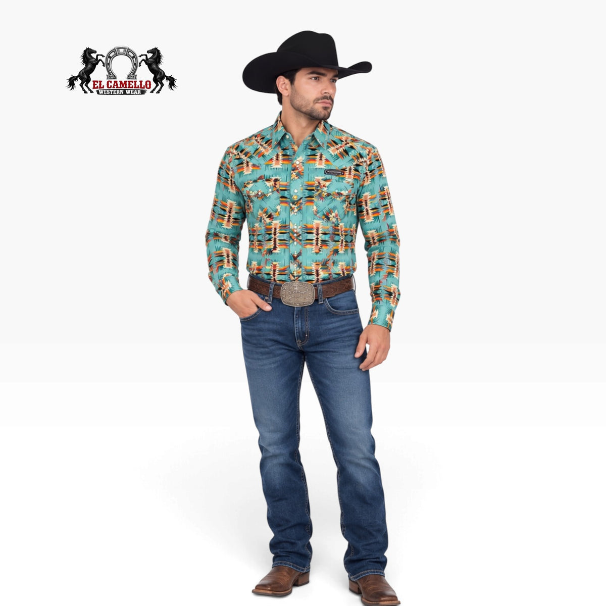 ROCK&ROLL Men's Turquoise Aztec Print Long Sleeve Western Shirt – BMN2S04727