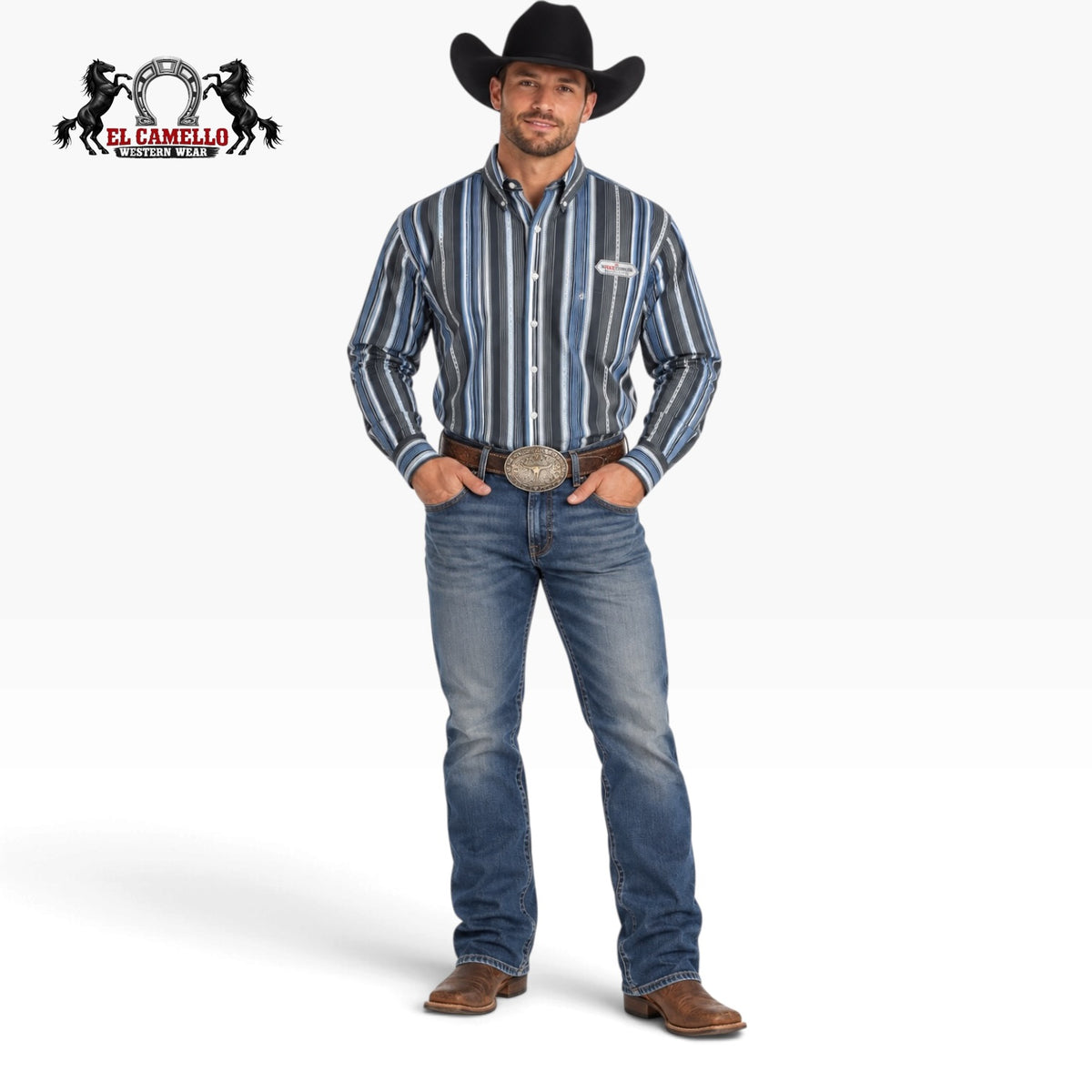 Rock & Roll Denim Men’s Blue & Charcoal Striped Long Sleeve Shirt – BMB2S03345