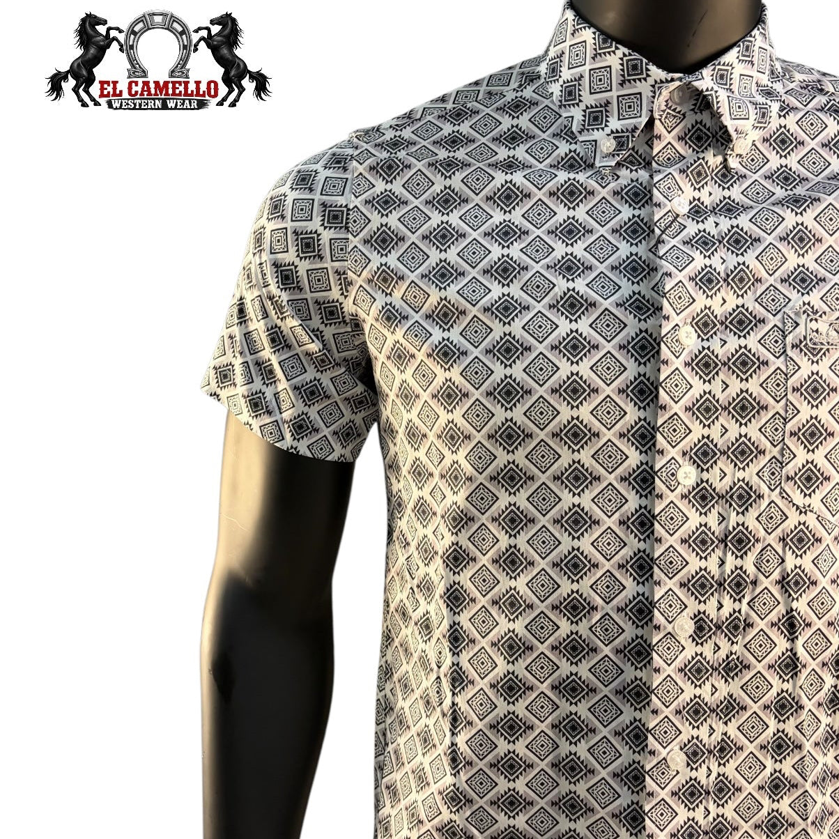 Montero Men’s White Short Sleeve Shirt MT4061 Geometric Print Button-Up Classic Fit