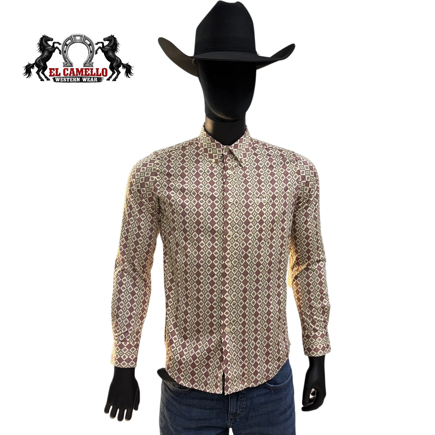 Montero Men’s Beige Long Sleeve Shirt MT4060 Geometric Print Button-Up Classic Fit