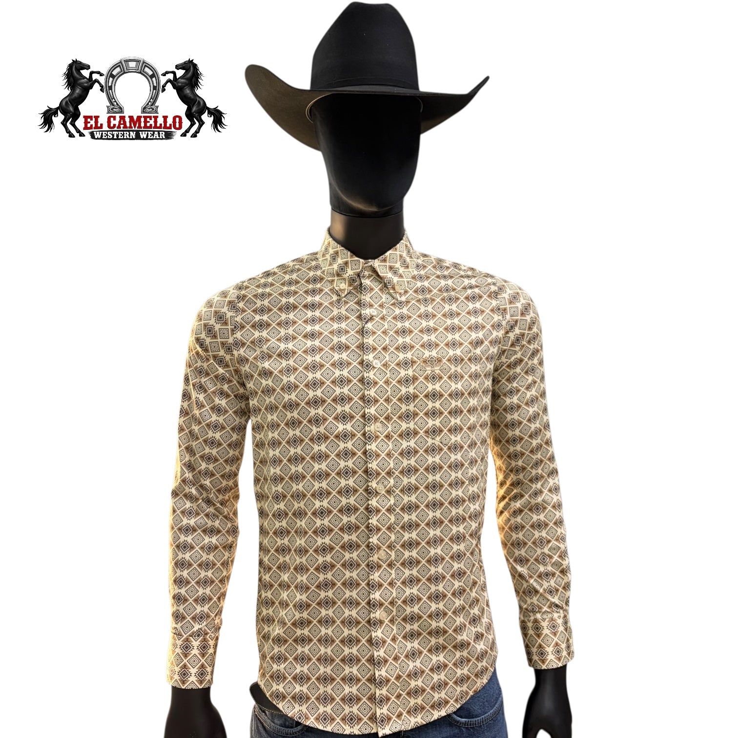 Montero Men’s Beige Long Sleeve Shirt MT4061 Geometric Print Button-Up Classic Fit