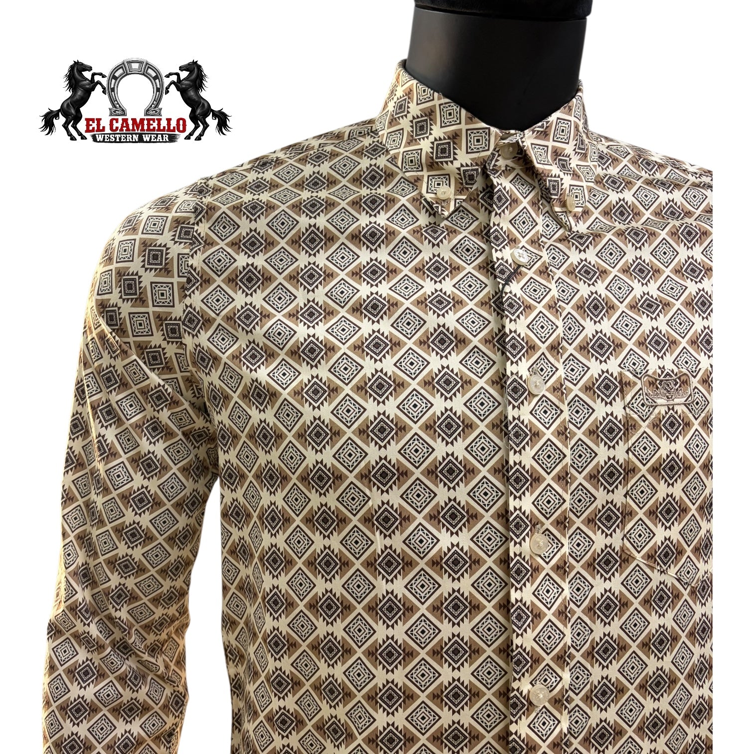 Montero Men’s Beige Long Sleeve Shirt MT4061 Geometric Print Button-Up Classic Fit