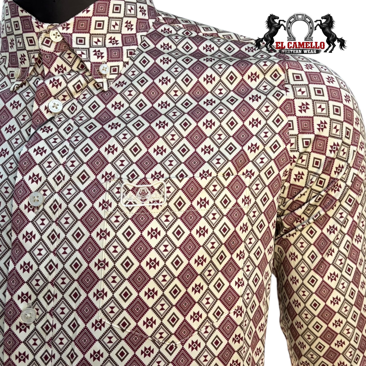 Montero Men’s Beige Long Sleeve Shirt MT4060 Geometric Print Button-Up Classic Fit