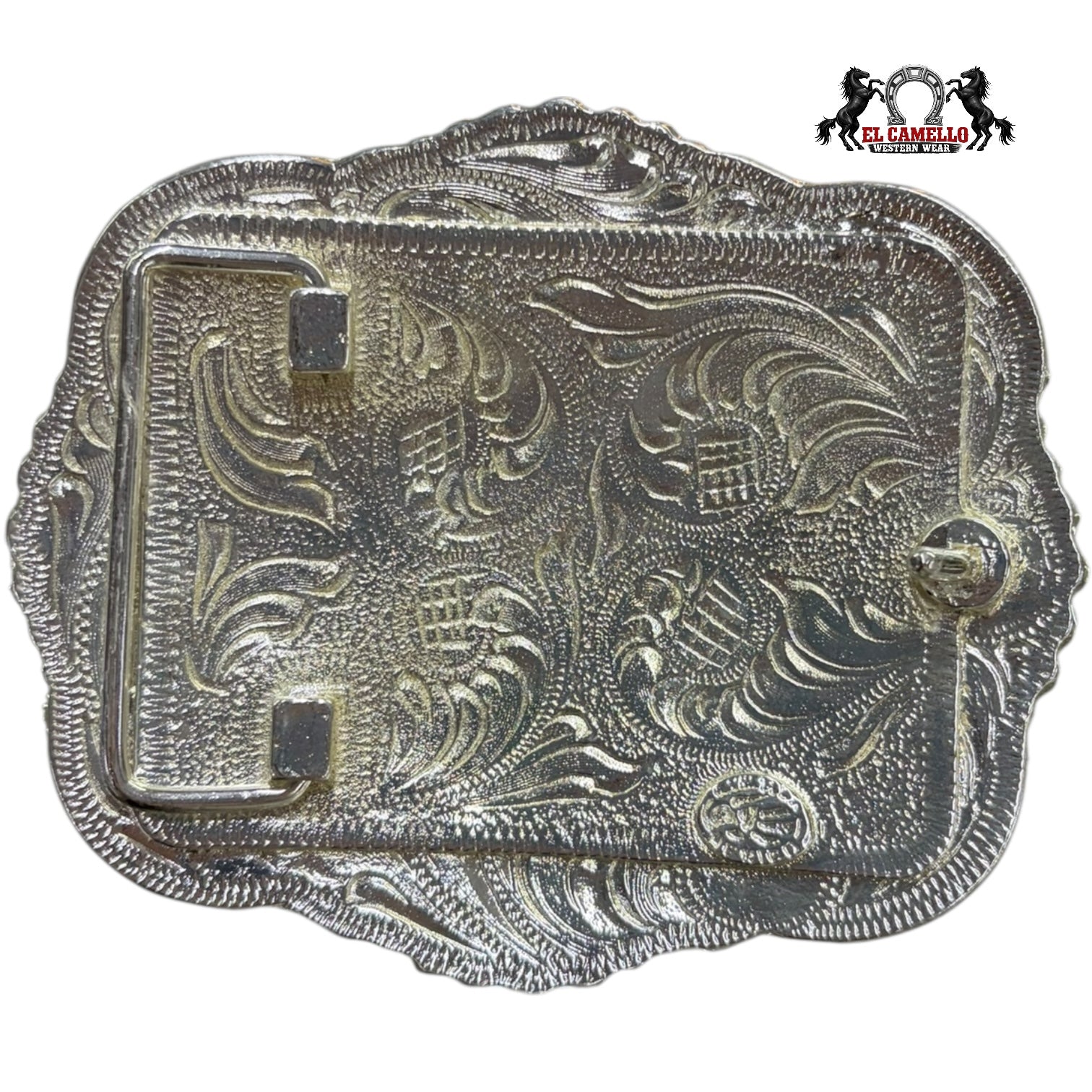 Western Engraved Belt Buckle – Silver & Gold Horse Head Design with Beaded Edge